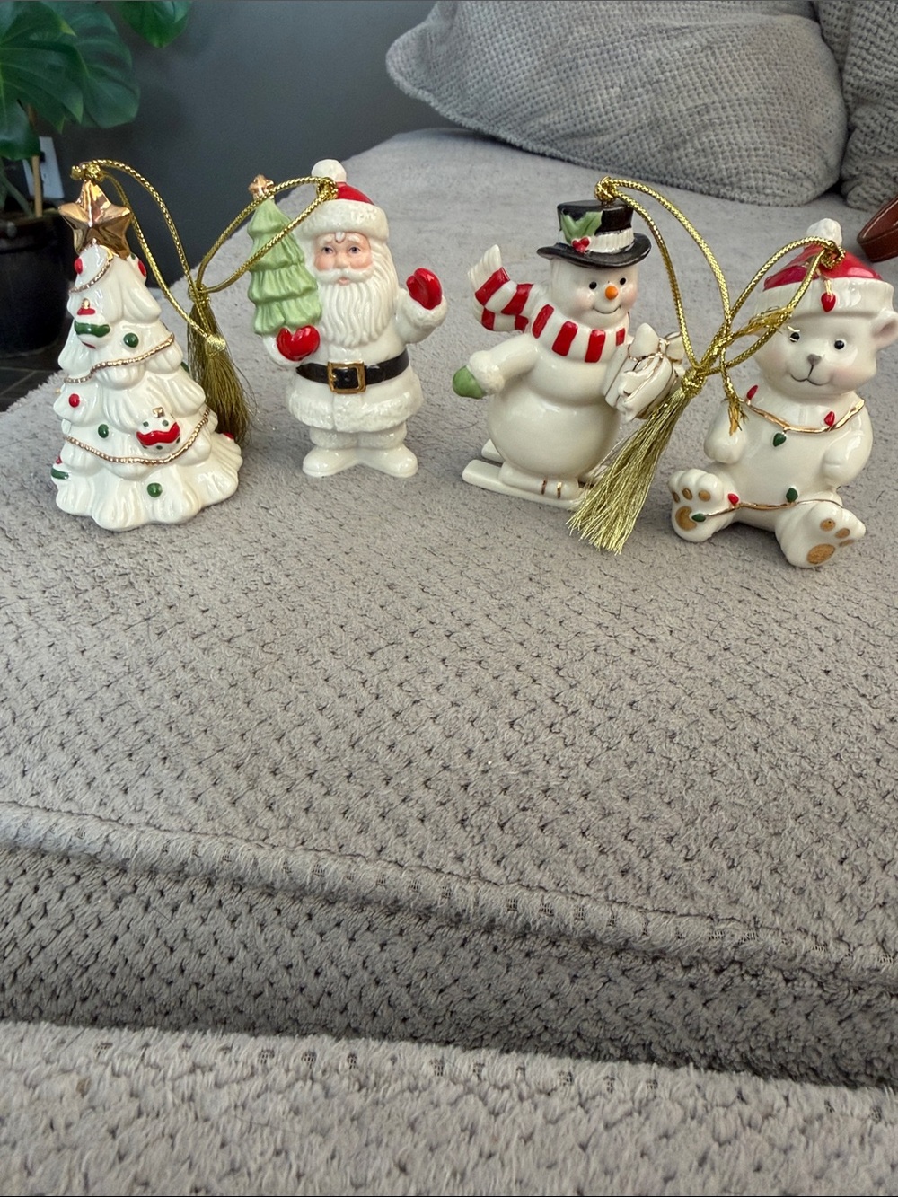 Lenox White Ceramic Christmas Ornament Set with Red & Green Accents